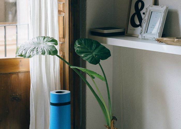 A clean, empty room with a yoga mat and natural light from a window.